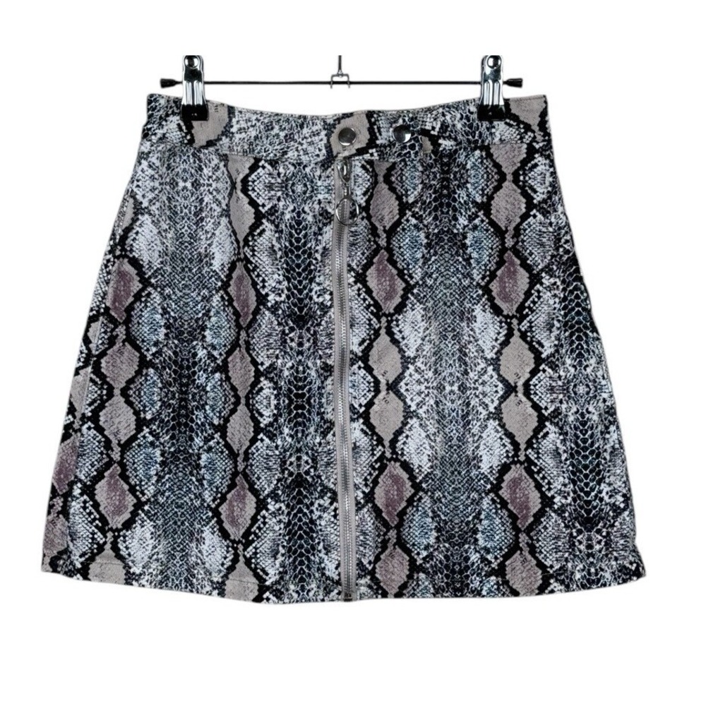 Snake Print A-Line Skirt with Front Zip - Black & Tan